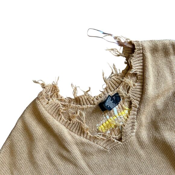 Just Polly New York Brown w/ Daisy Sweater SZ L Distressed V-neck Raw Edge - Picture 6 of 10